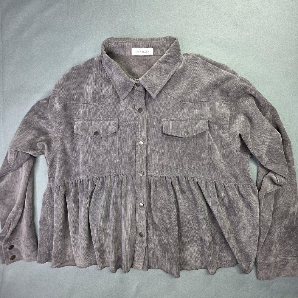 LILYMAES Shirt Womens Large Gray Corduroy Babydoll Peplum Snap Front Top Western - Picture 11 of 11